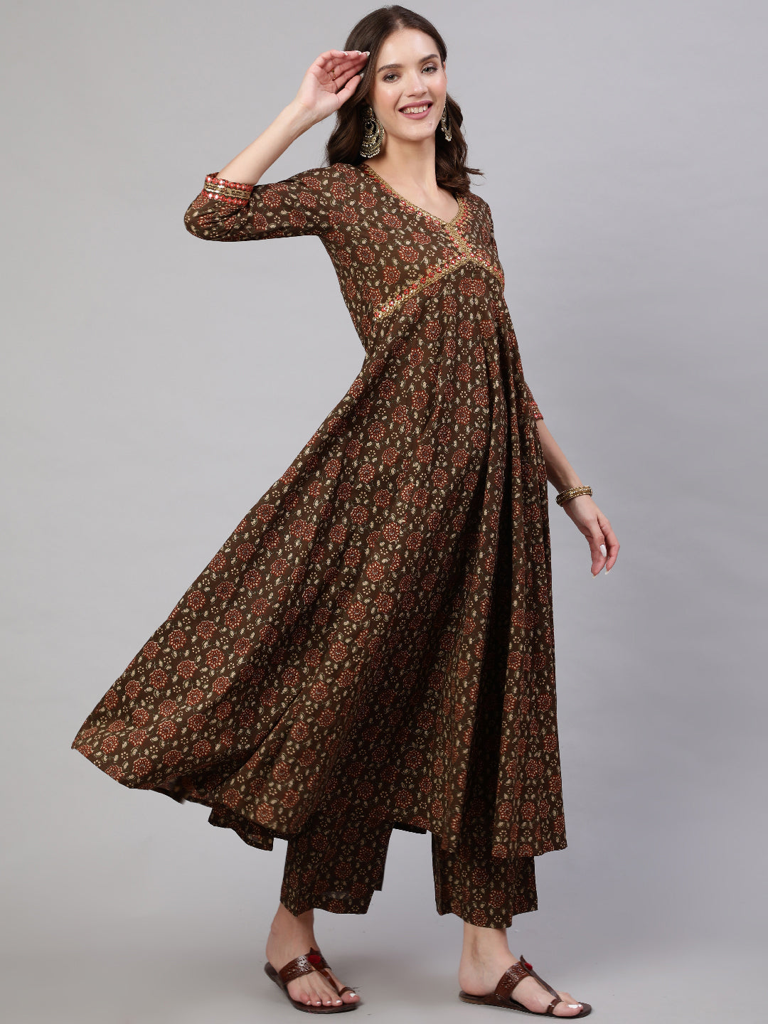 Cotton Calf Length Printed & Embroidery Semi-Flared 3/4 Sleeves V Neck Kurta Bottom Dupatta Set