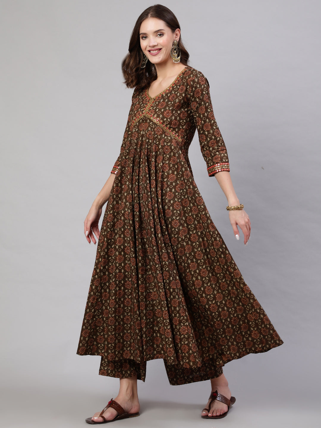 Cotton Calf Length Printed & Embroidery Semi-Flared 3/4 Sleeves V Neck Kurta Bottom Dupatta Set