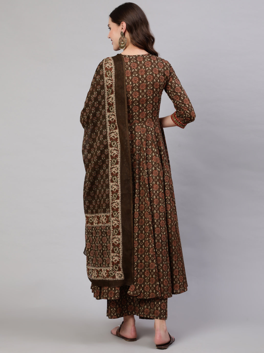 Cotton Calf Length Printed & Embroidery Semi-Flared 3/4 Sleeves V Neck Kurta Bottom Dupatta Set