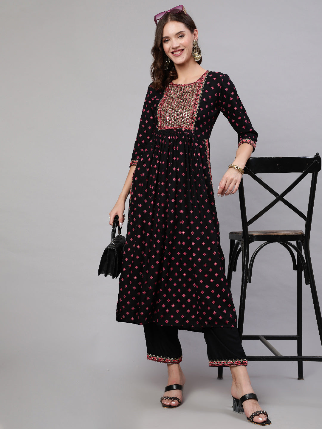 Rayon Sequence 3/4 Sleeve Flared Round Neck Calf Length Kurta Bottom Set