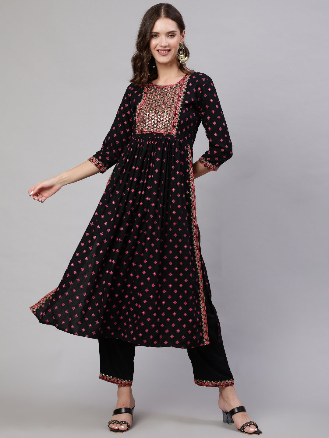 Rayon Sequence 3/4 Sleeve Flared Round Neck Calf Length Kurta Bottom Set