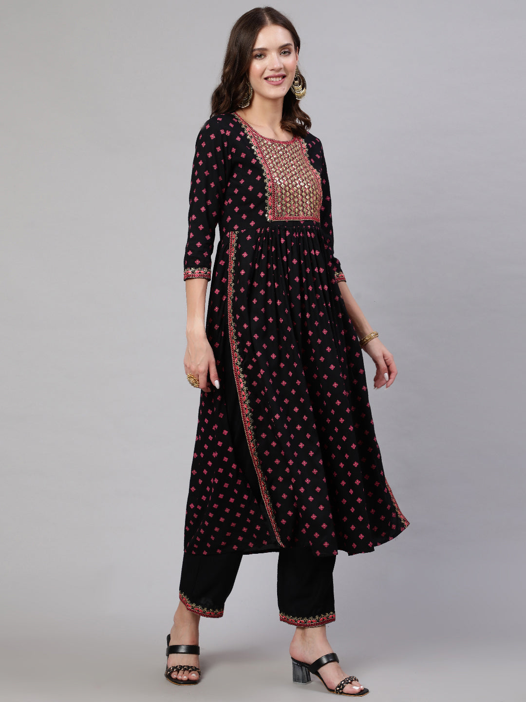 Rayon Sequence 3/4 Sleeve Flared Round Neck Calf Length Kurta Bottom Set