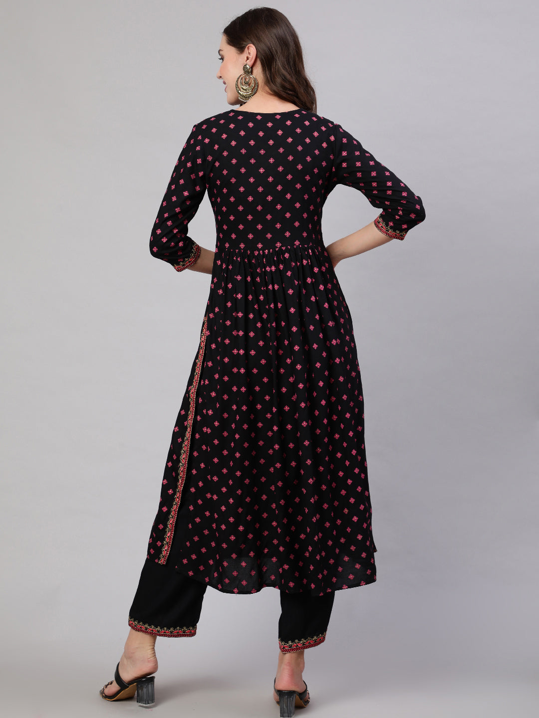 Rayon Sequence 3/4 Sleeve Flared Round Neck Calf Length Kurta Bottom Set