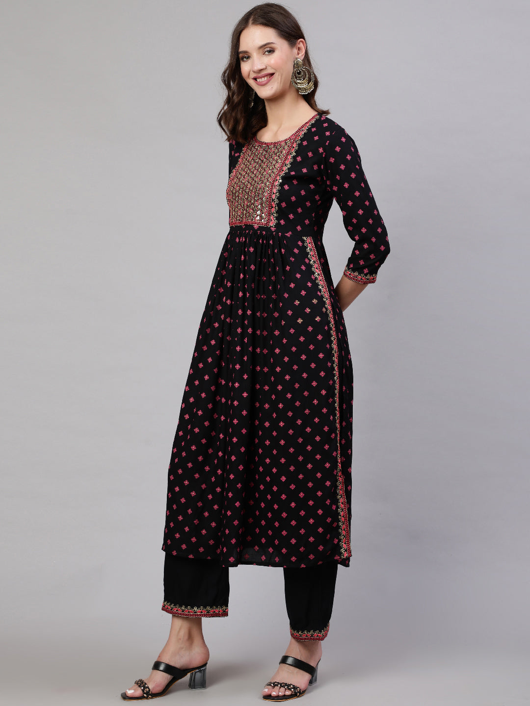 Rayon Sequence 3/4 Sleeve Flared Round Neck Calf Length Kurta Bottom Set