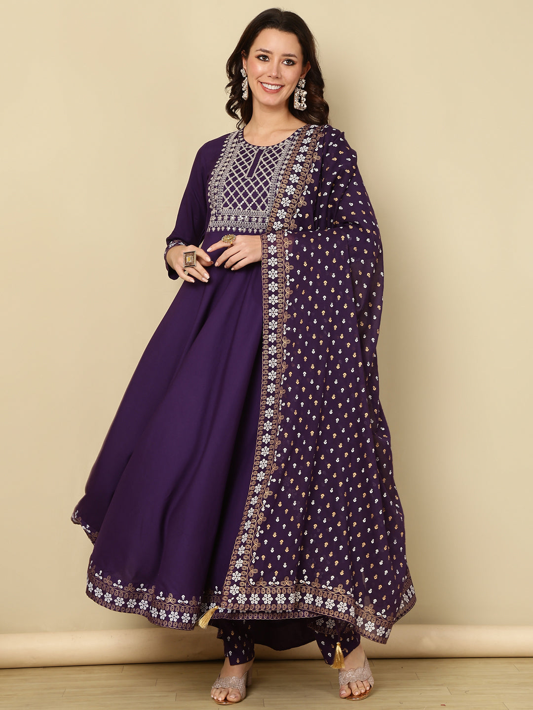 Embroidered Sequined Kurta with Palazzos & Dupatta