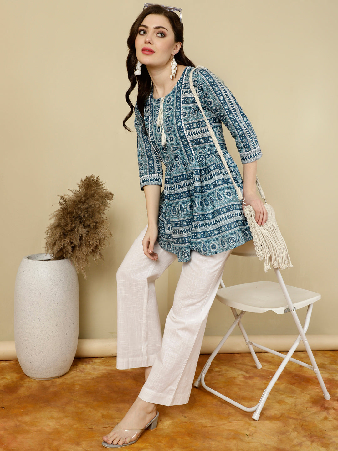 Printed 3/4 Sleeves Regular Pure Cotton (Blue) Top