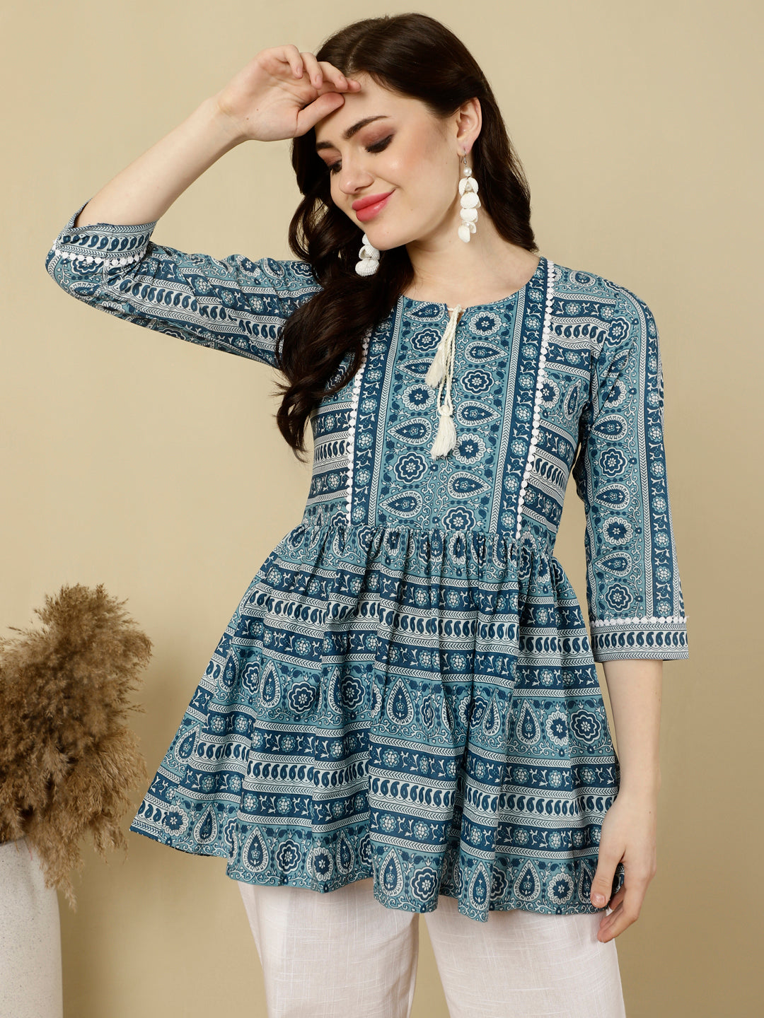 Printed 3/4 Sleeves Regular Pure Cotton (Blue) Top