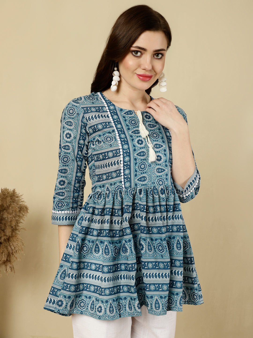 Printed 3/4 Sleeves Regular Pure Cotton (Blue) Top