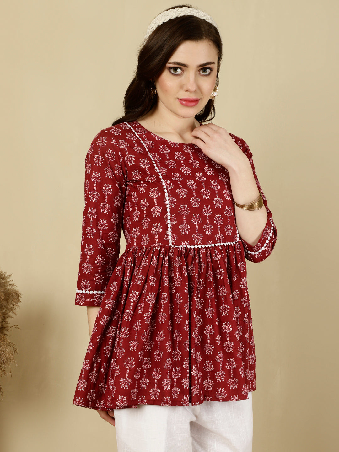 Printed 3/4 Sleeves Regular Pure Cotton (Red) Top