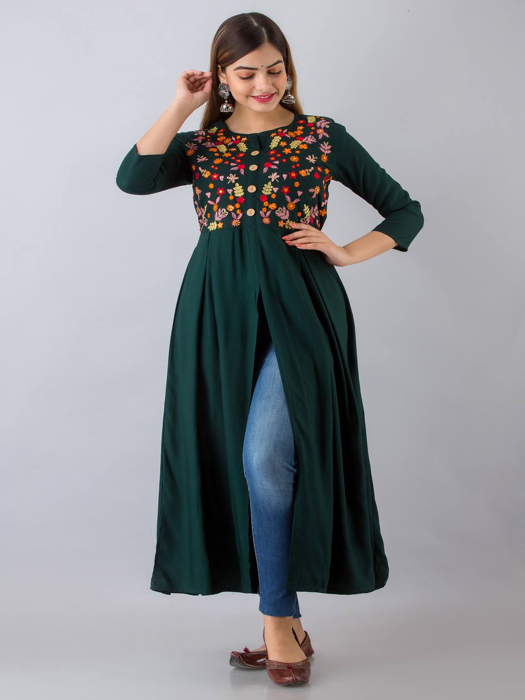 Rayon Embroidered Front slit 3/4 Sleeves Calf Kurta