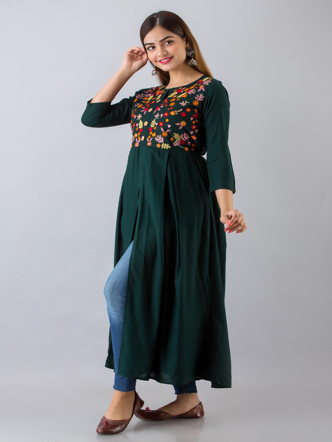 Rayon Embroidered Front slit 3/4 Sleeves Calf Kurta