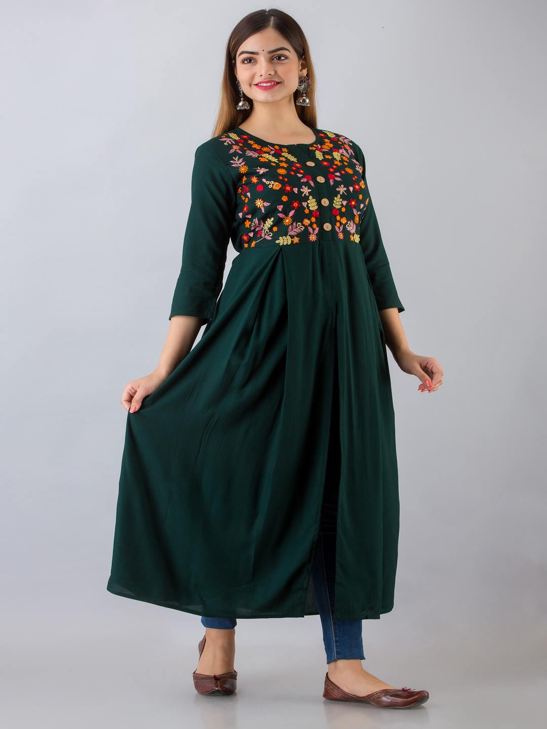 Rayon Embroidered Front slit 3/4 Sleeves Calf Kurta