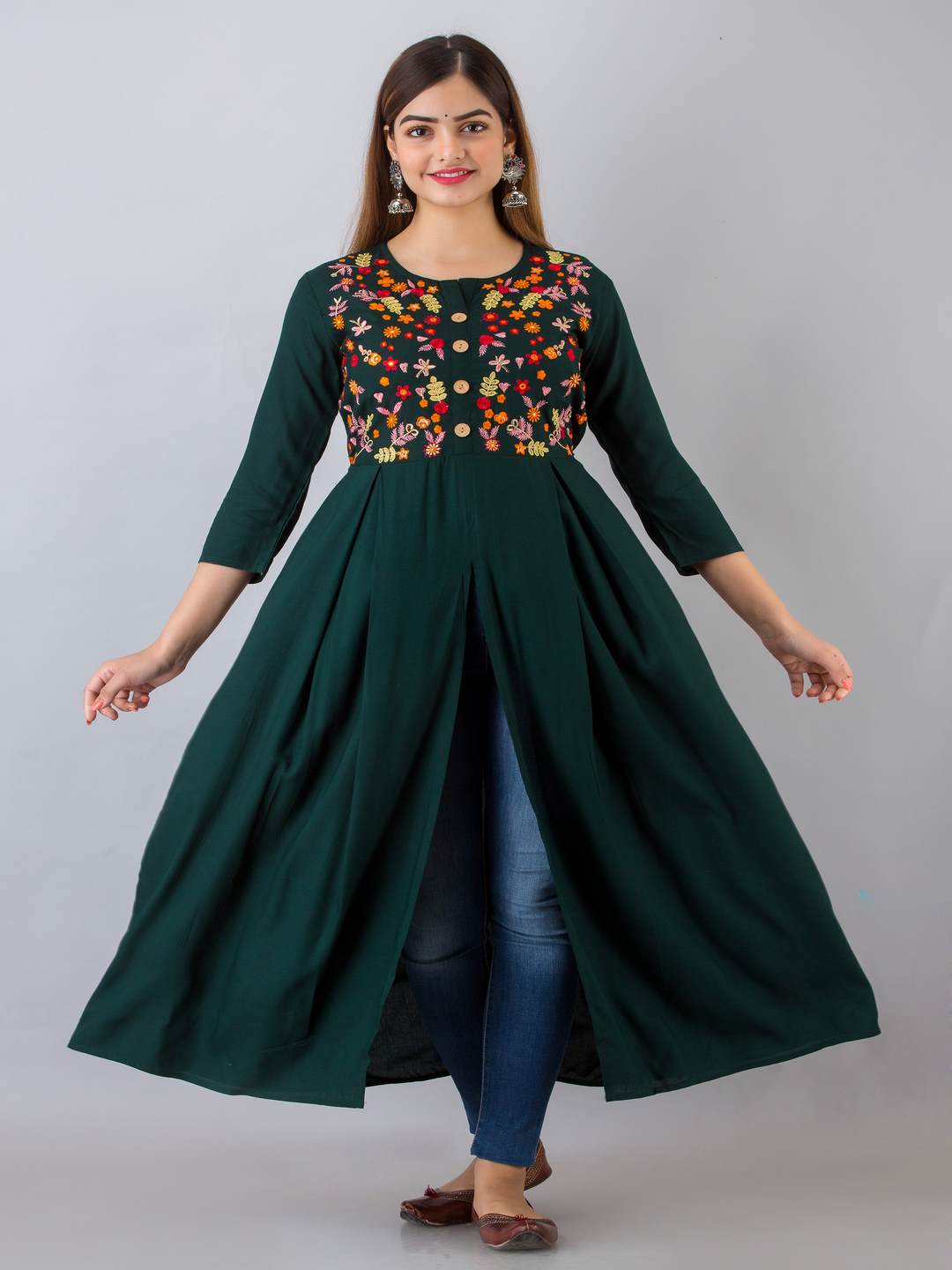 Rayon Embroidered Front slit 3/4 Sleeves Calf Kurta