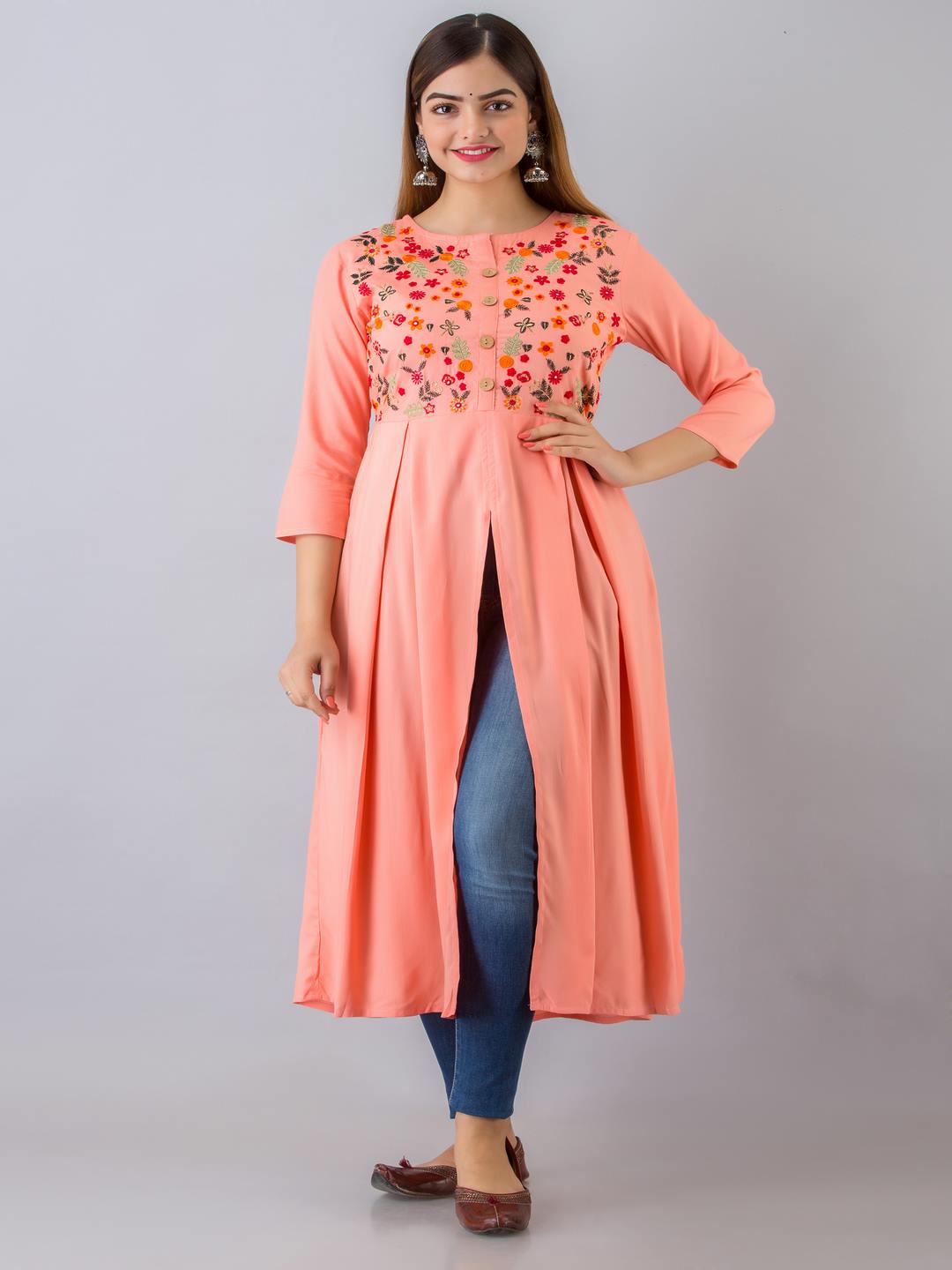 Rayon Embroidered Front slit 3/4 Sleeves Calf Kurta