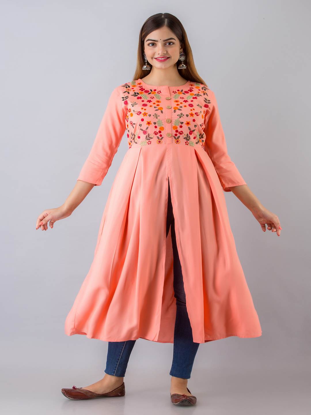 Rayon Embroidered Front slit 3/4 Sleeves Calf Kurta