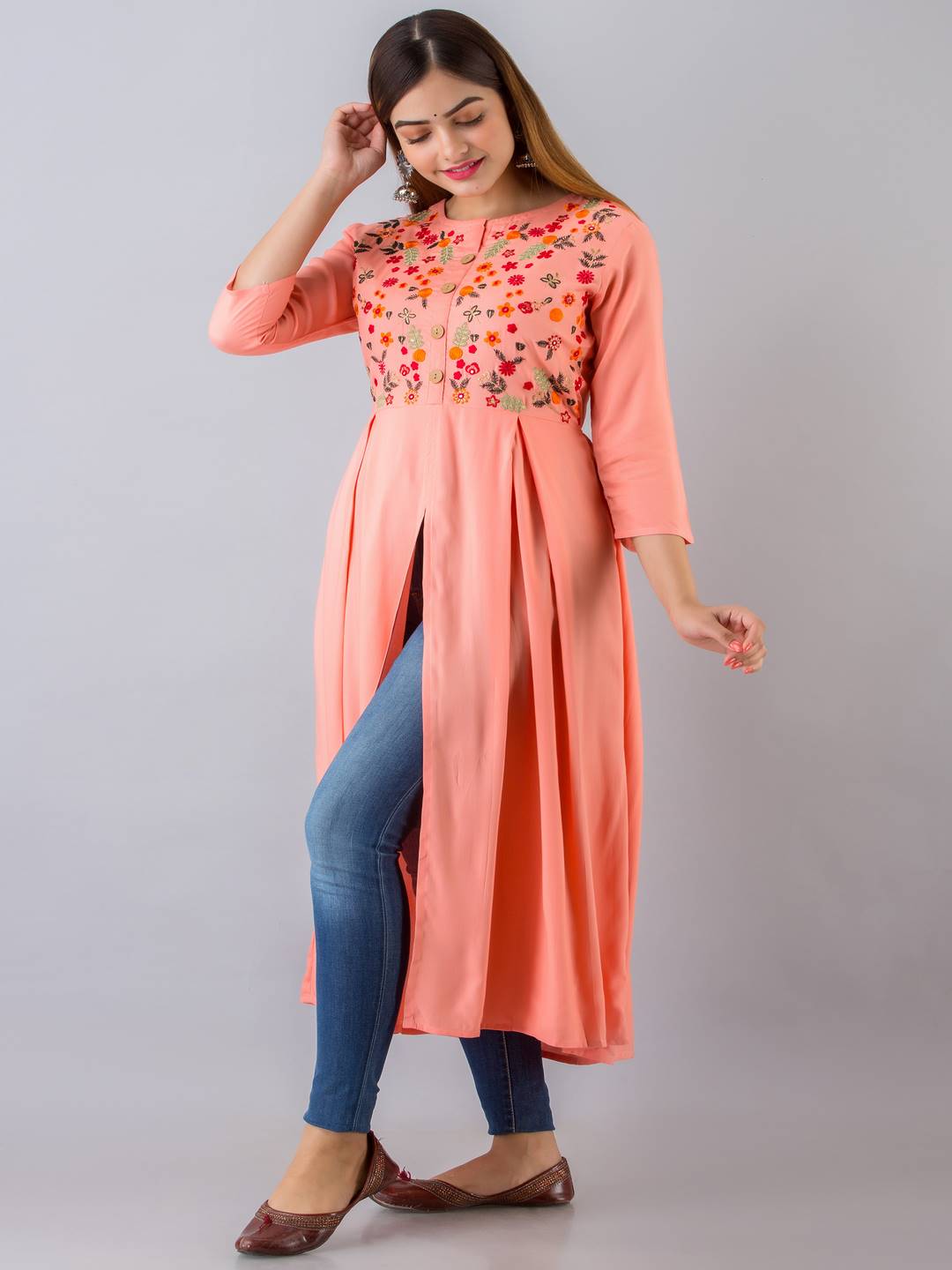 Rayon Embroidered Front slit 3/4 Sleeves Calf Kurta