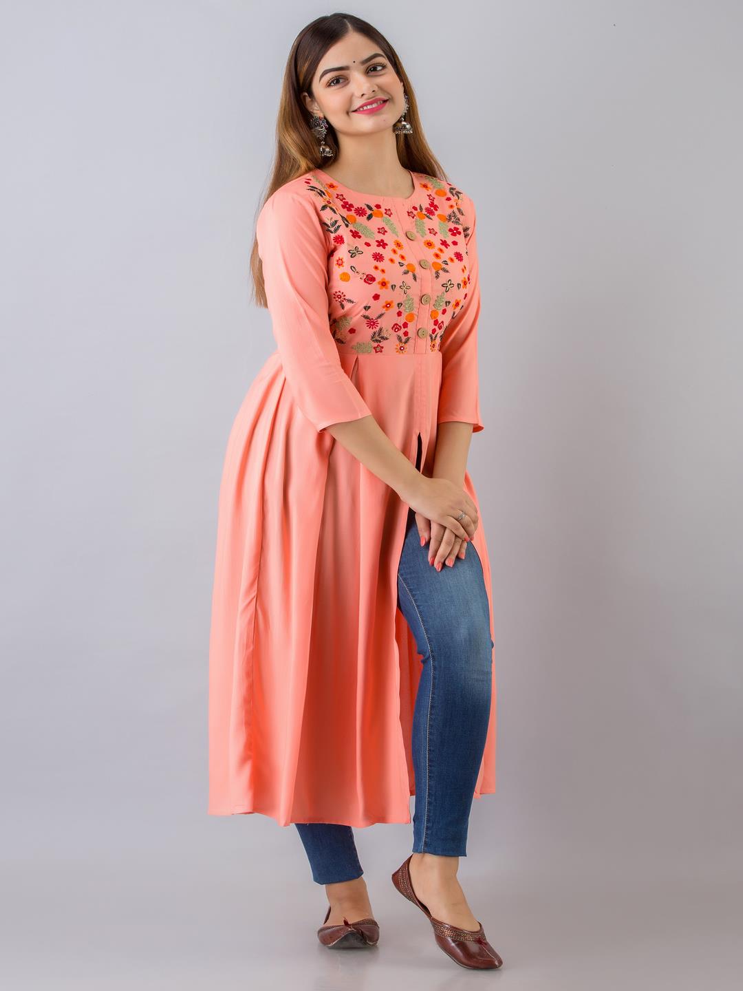 Rayon Embroidered Front slit 3/4 Sleeves Calf Kurta