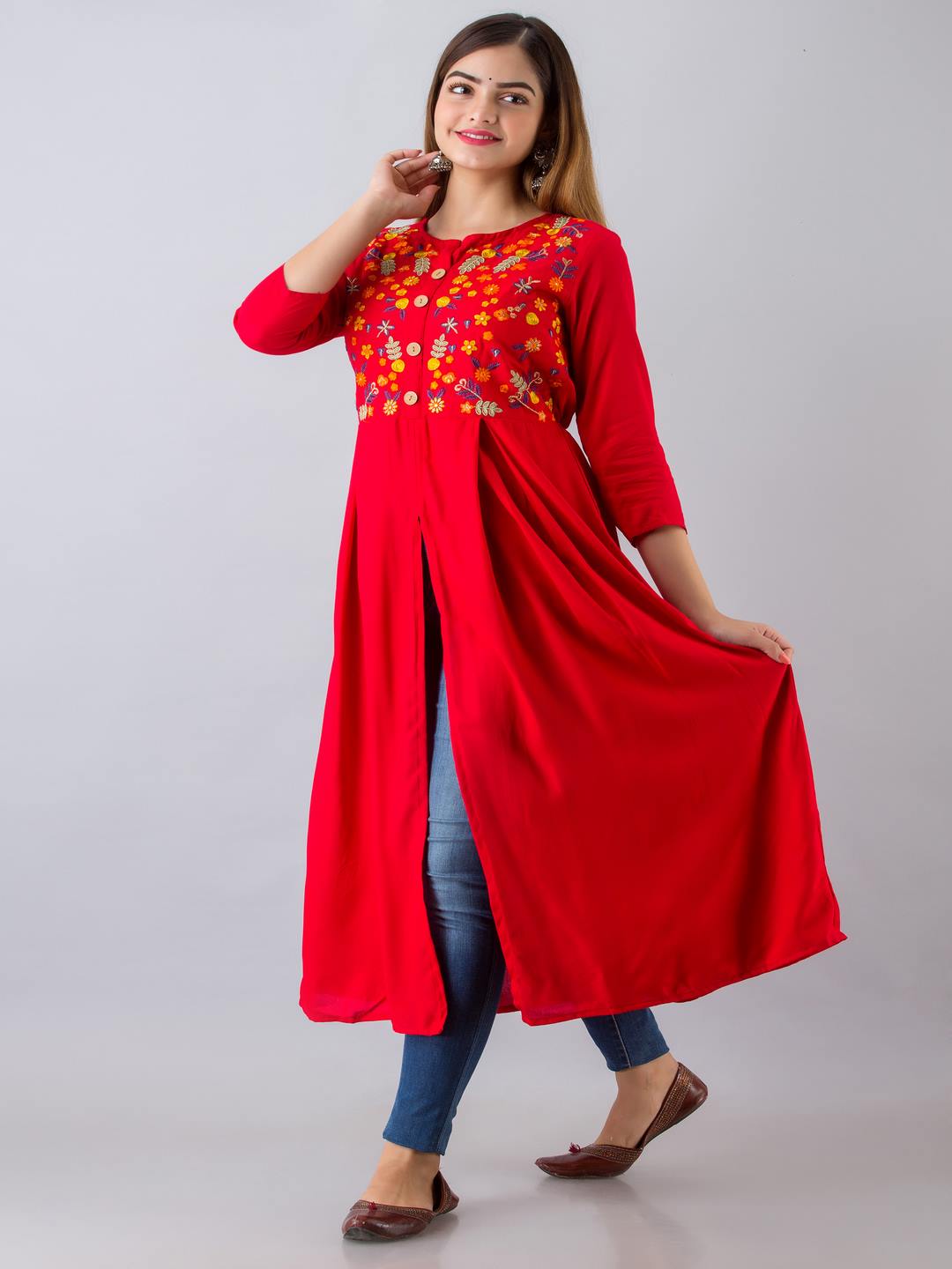 Rayon Embroidered Front slit 3/4 Sleeves Calf Kurta