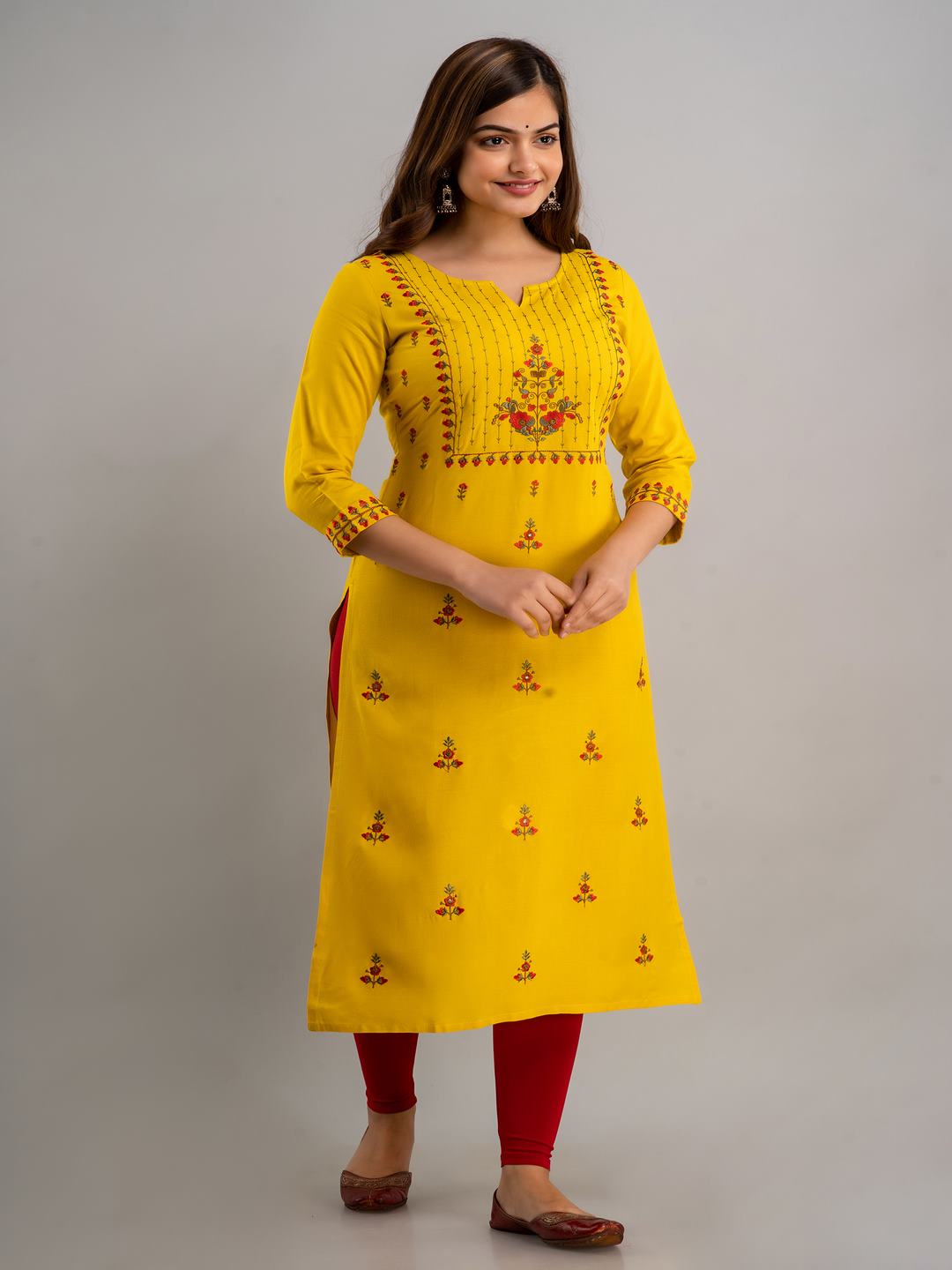Rayon Embroidery Straight 3/4 Sleeves Round Neck Calf Kurta