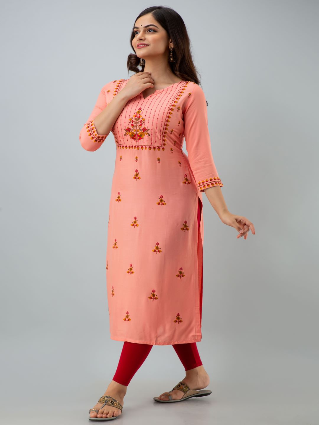 Rayon Embroidery Straight 3/4 Sleeves Round Neck Calf Kurta