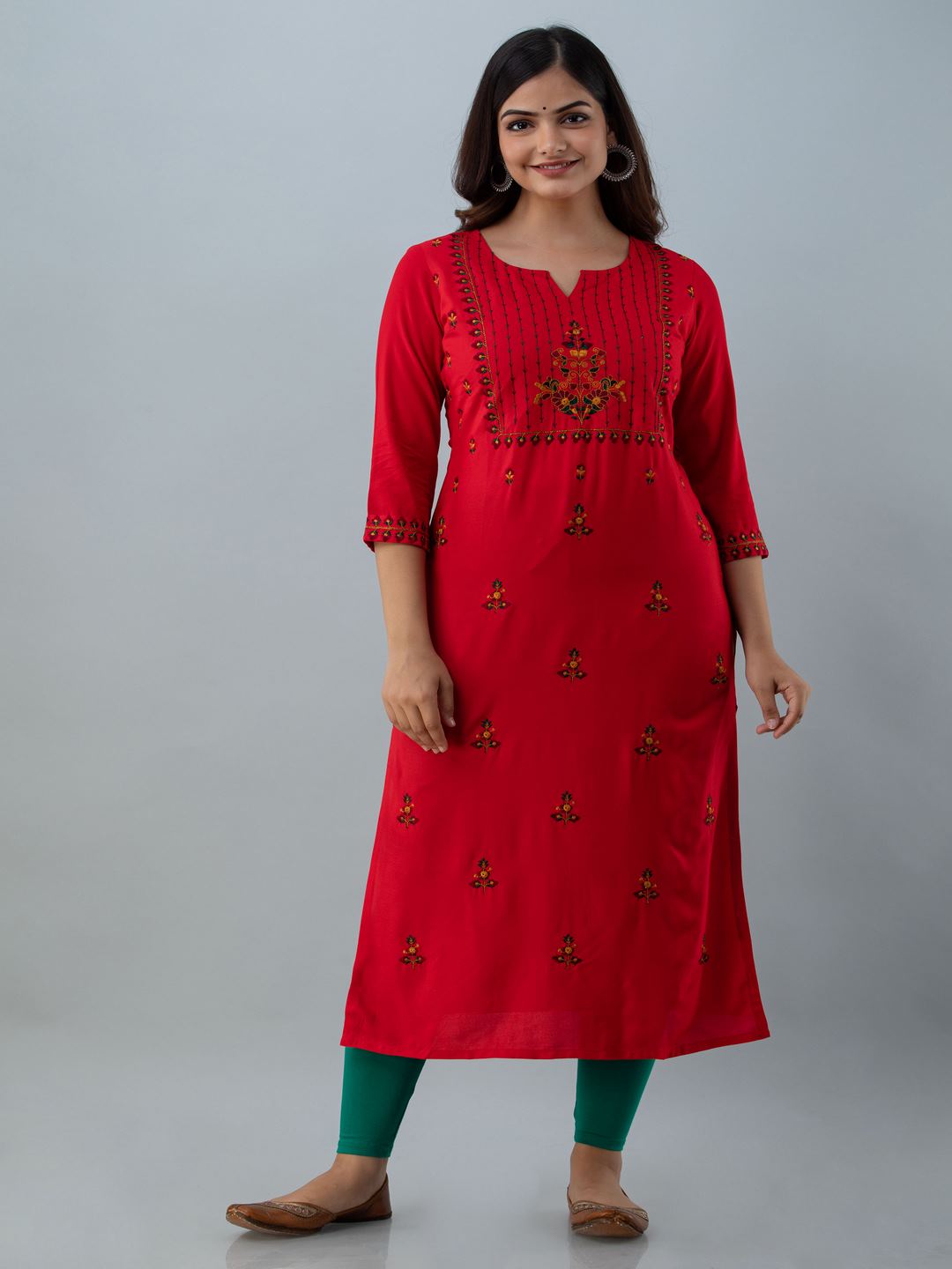 Rayon Embroidery Straight 3/4 Sleeves Round Neck Calf Kurta