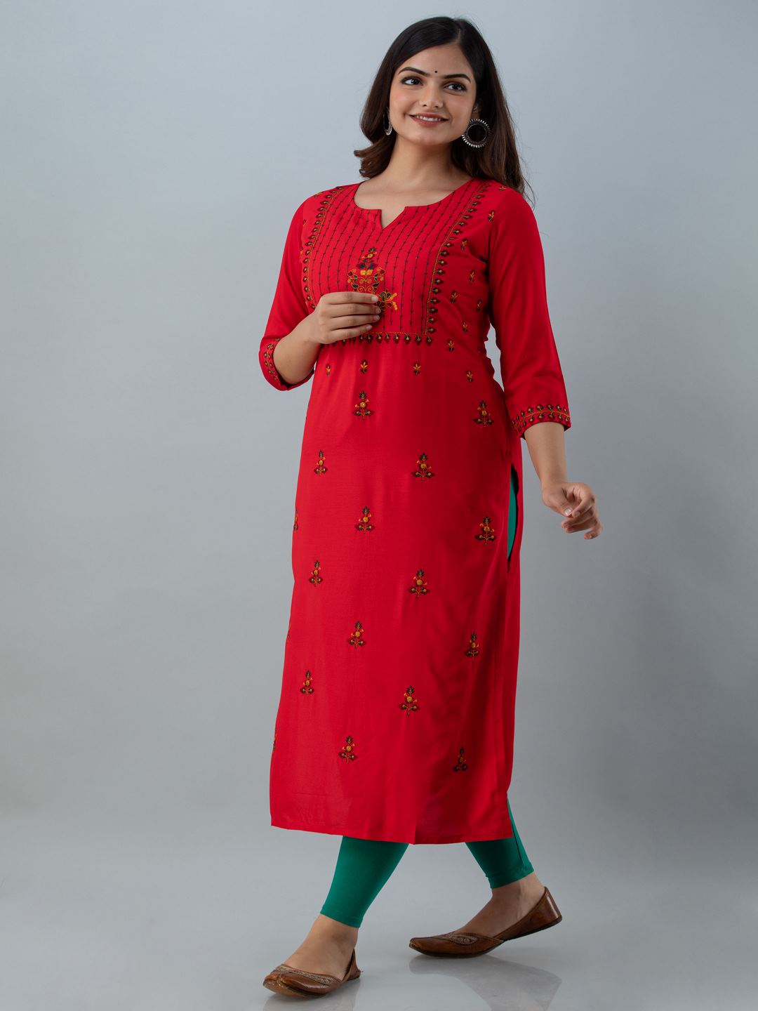 Rayon Embroidery Straight 3/4 Sleeves Round Neck Calf Kurta