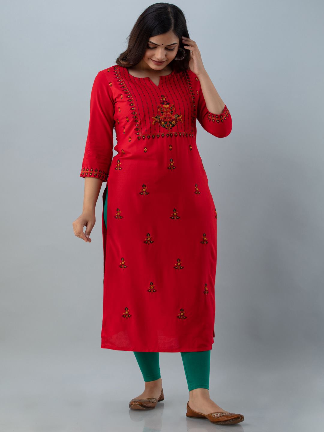 Rayon Embroidery Straight 3/4 Sleeves Round Neck Calf Kurta