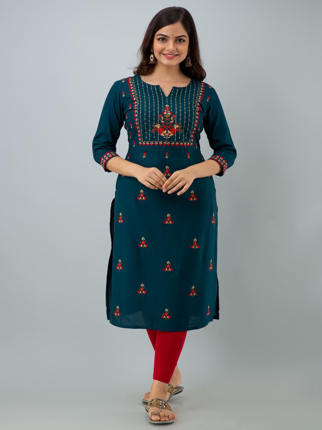 Rayon Embroidery Straight 3/4 Sleeves Round Neck Calf Kurta