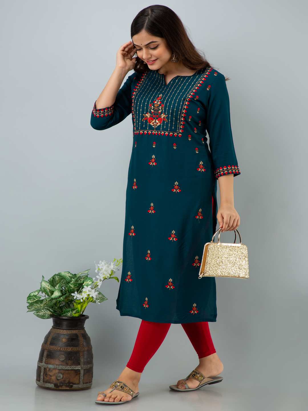 Rayon Embroidery Straight 3/4 Sleeves Round Neck Calf Kurta