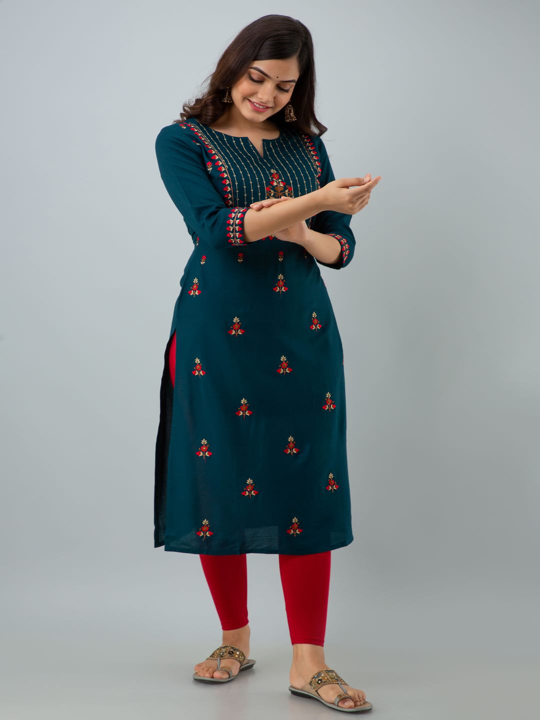 Rayon Embroidery Straight 3/4 Sleeves Round Neck Calf Kurta