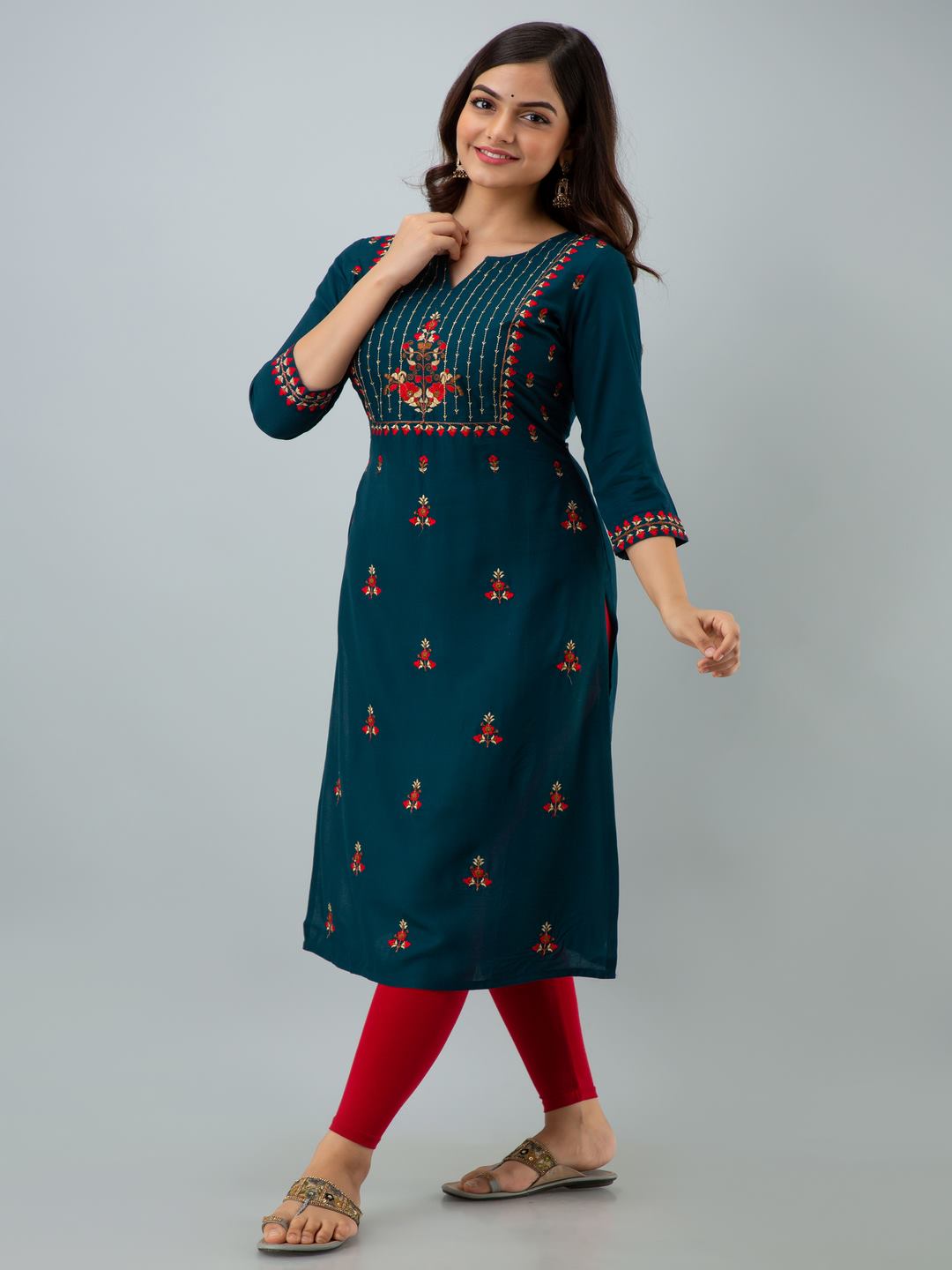 Rayon Embroidery Straight 3/4 Sleeves Round Neck Calf Kurta