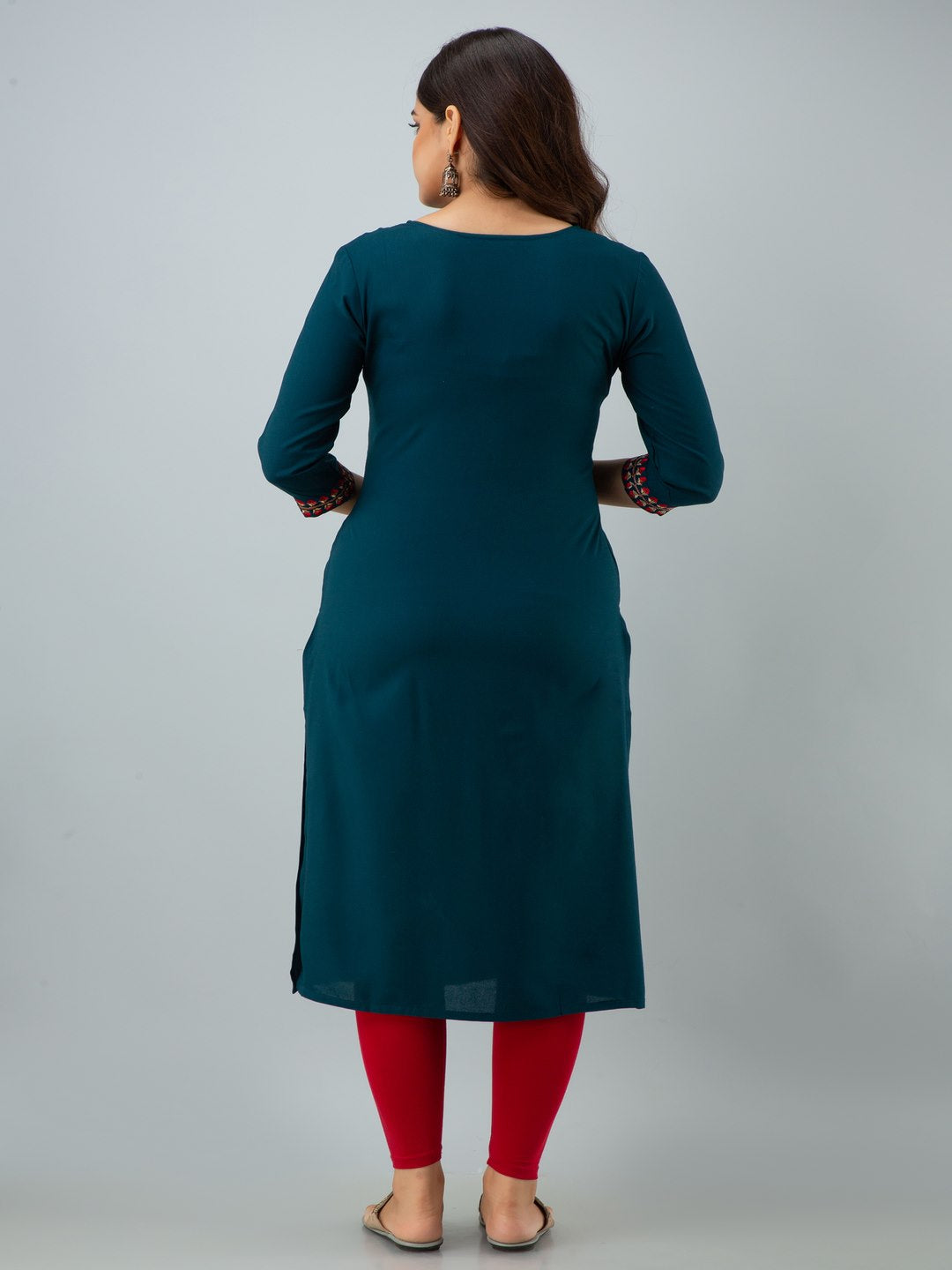 Rayon Embroidery Straight 3/4 Sleeves Round Neck Calf Kurta