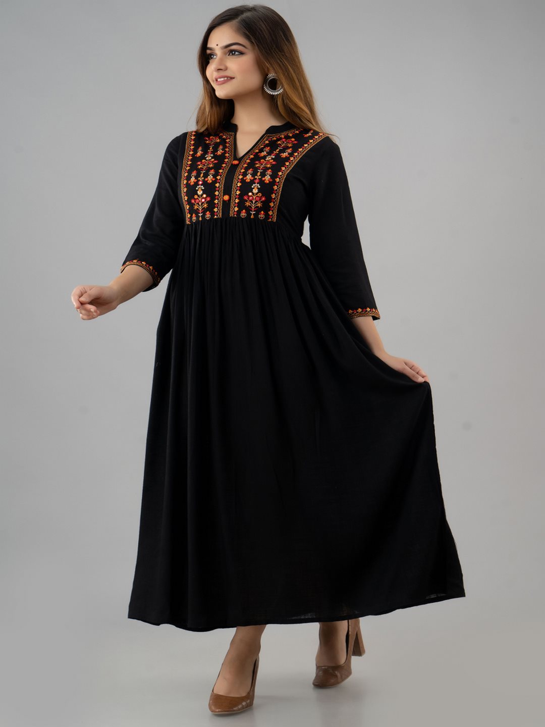 Embroidered Rayon 3/4 Sleeve Collared Neck A-Line Calf Length Kurta