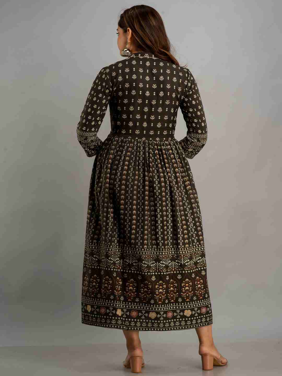 Printed Viscose Rayon Collar Neck 3/4 Sleeves Calf Flared Kurta
