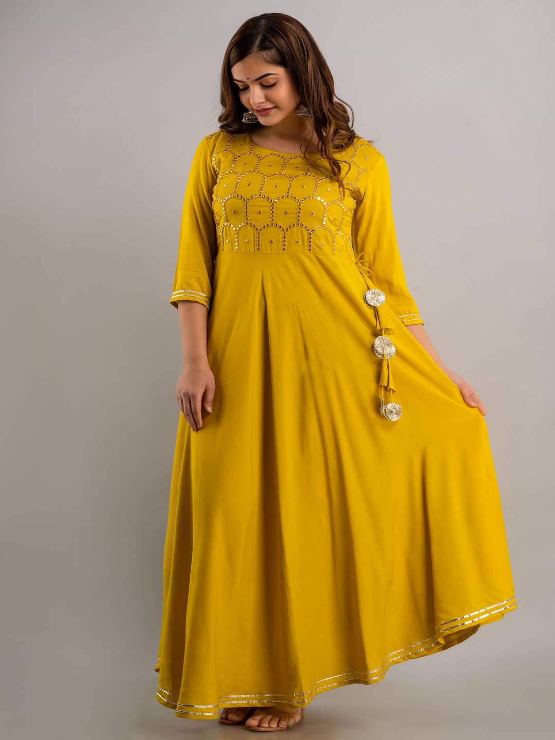 Embroidered Flared Round Neck 3/4 Sleeve Ankle Length Viscose Rayon Kurta