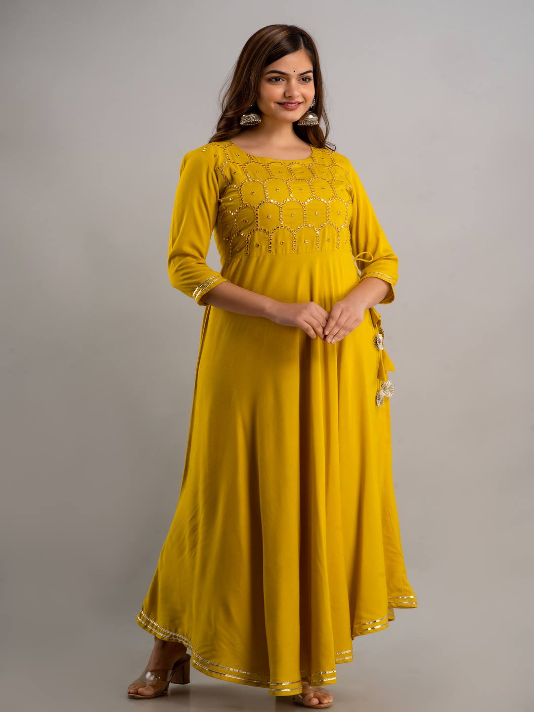 Embroidered Flared Round Neck 3/4 Sleeve Ankle Length Viscose Rayon Kurta
