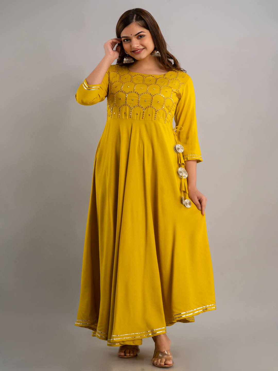 Embroidered Flared Round Neck 3/4 Sleeve Ankle Length Viscose Rayon Kurta