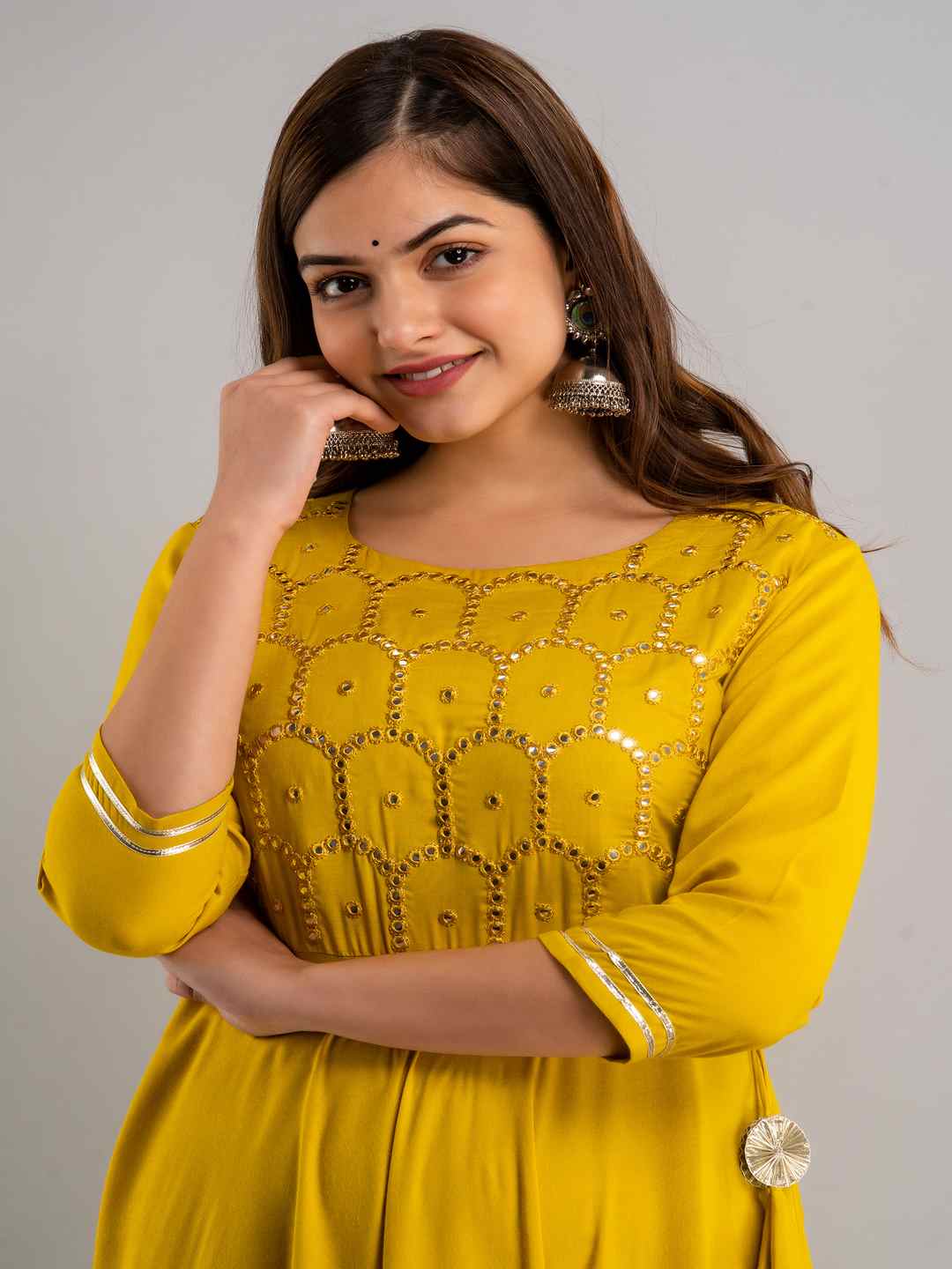 Embroidered Flared Round Neck 3/4 Sleeve Ankle Length Viscose Rayon Kurta