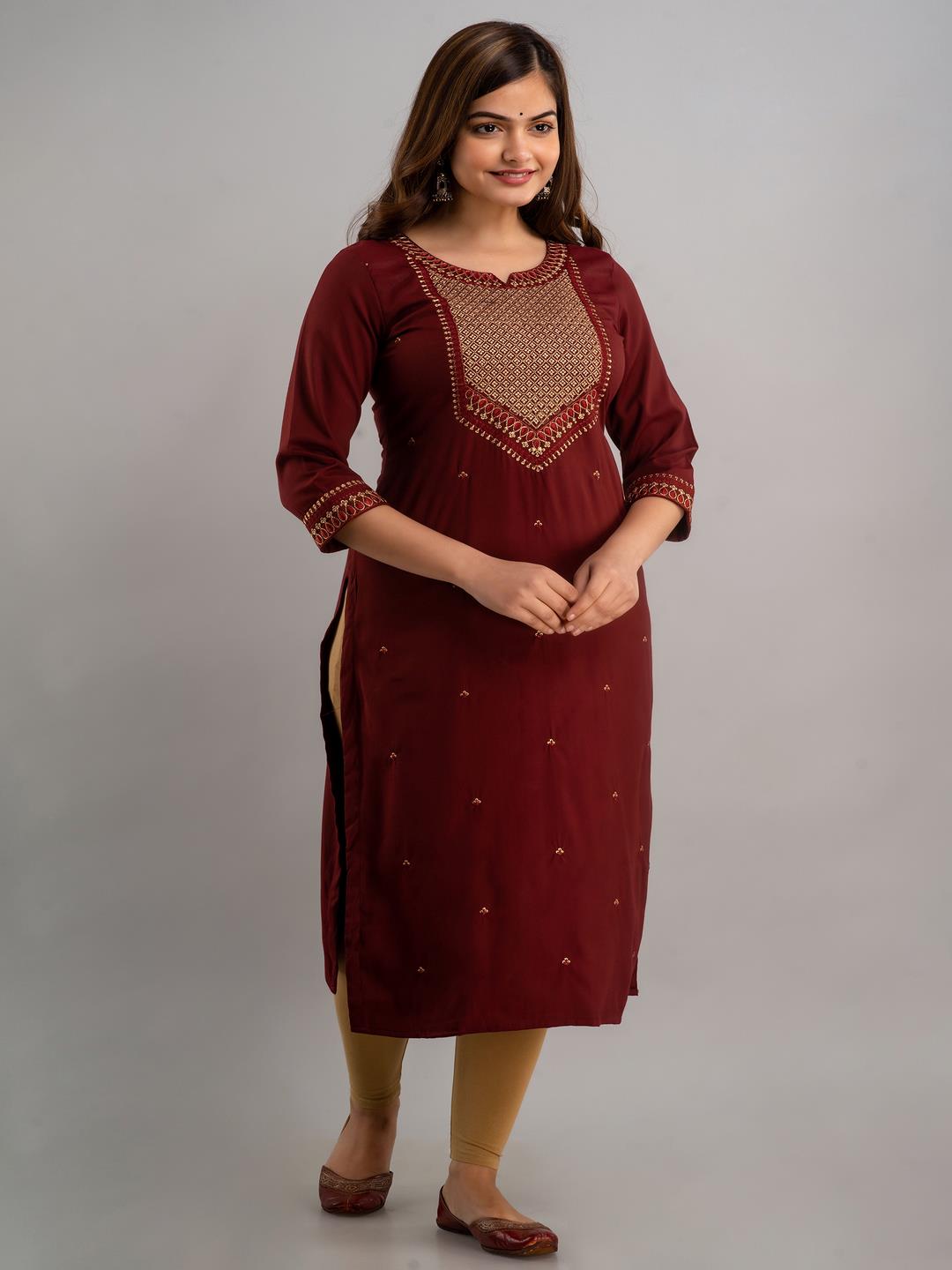 Embroidered Viscose Rayon Round Neck 3/4 Sleeves Calf Length Straight Kurta