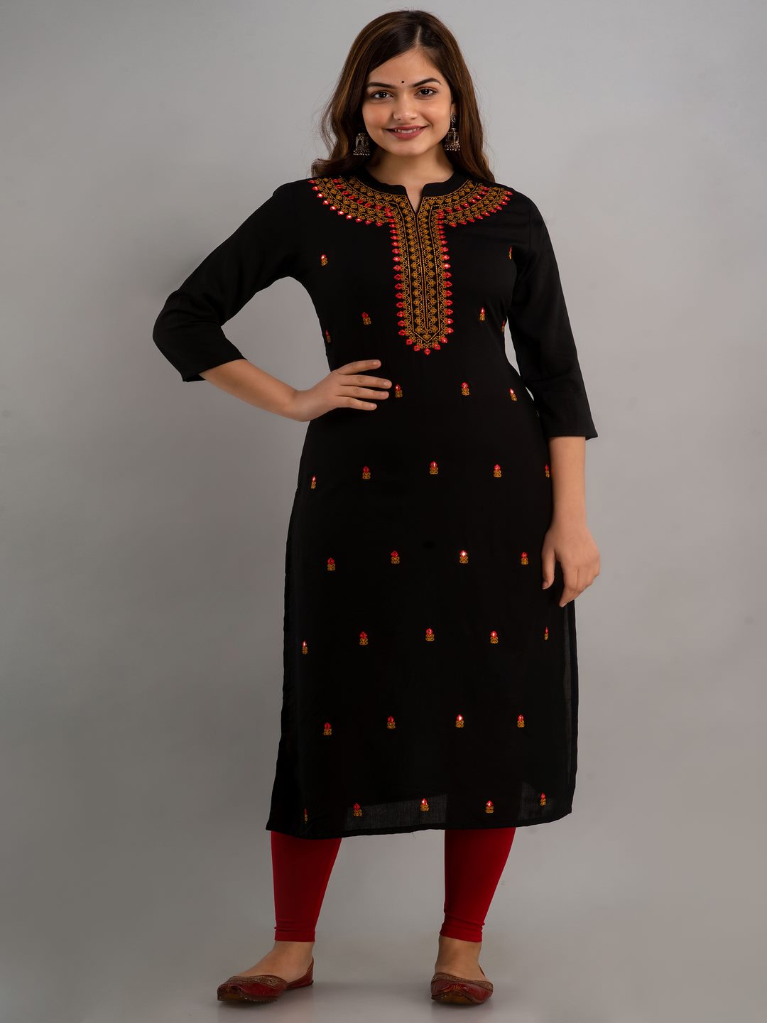 Embroidered Straight Mandarin/Chinese Neck 3/4 Sleeve Calf Length Viscose Rayon Kurta