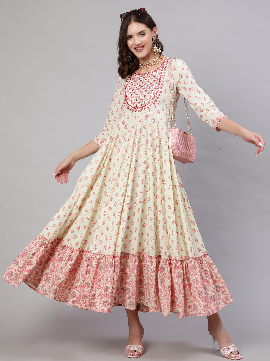 Rayon Ankle Length Flared 3/4 Sleeves Printed & Embroidery V Neck Kurta