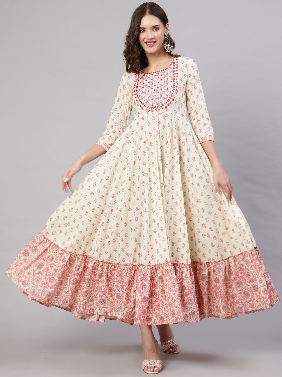 Rayon Ankle Length Flared 3/4 Sleeves Printed & Embroidery V Neck Kurta