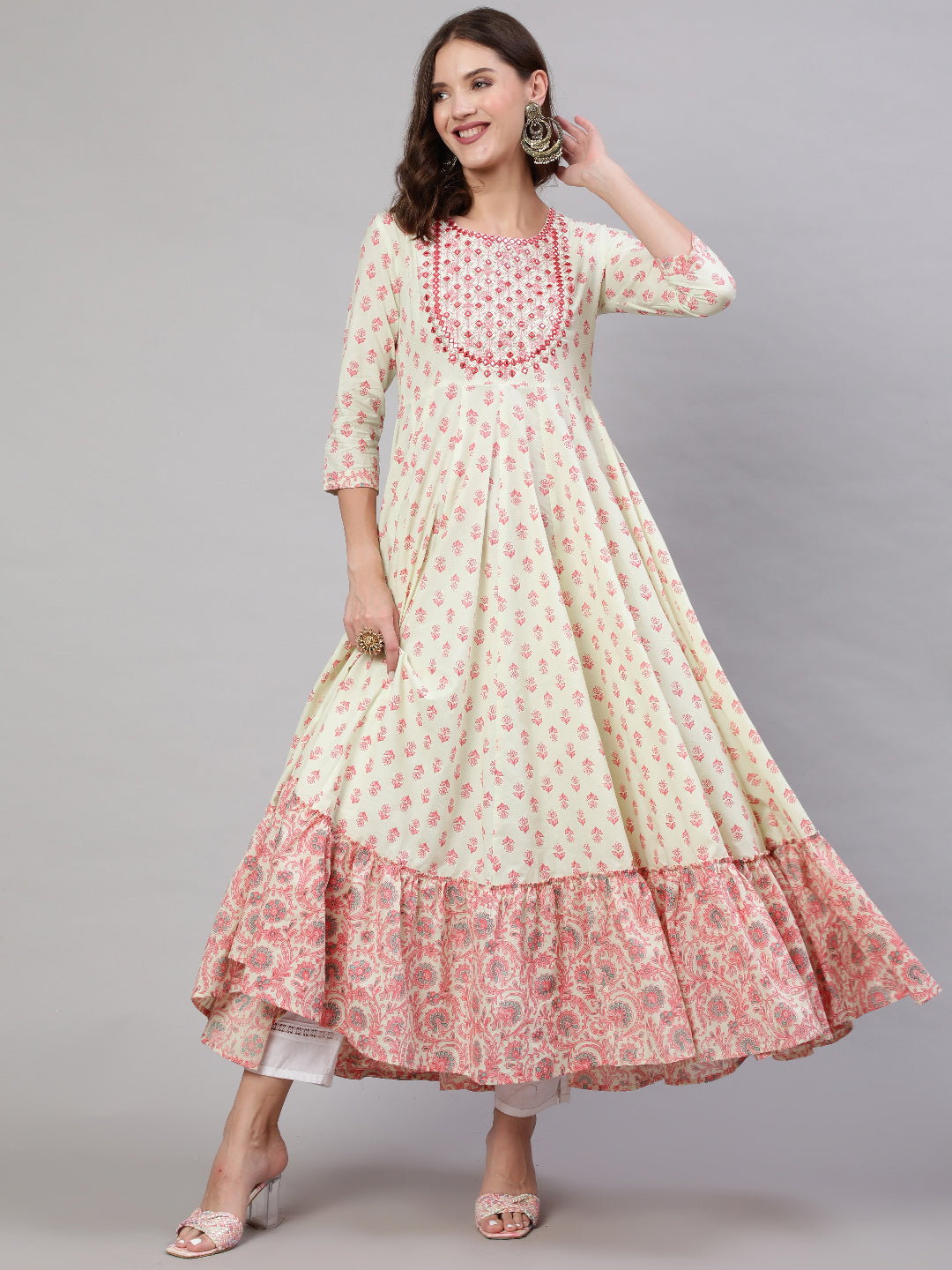Rayon Ankle Length Flared 3/4 Sleeves Printed & Embroidery V Neck Kurta