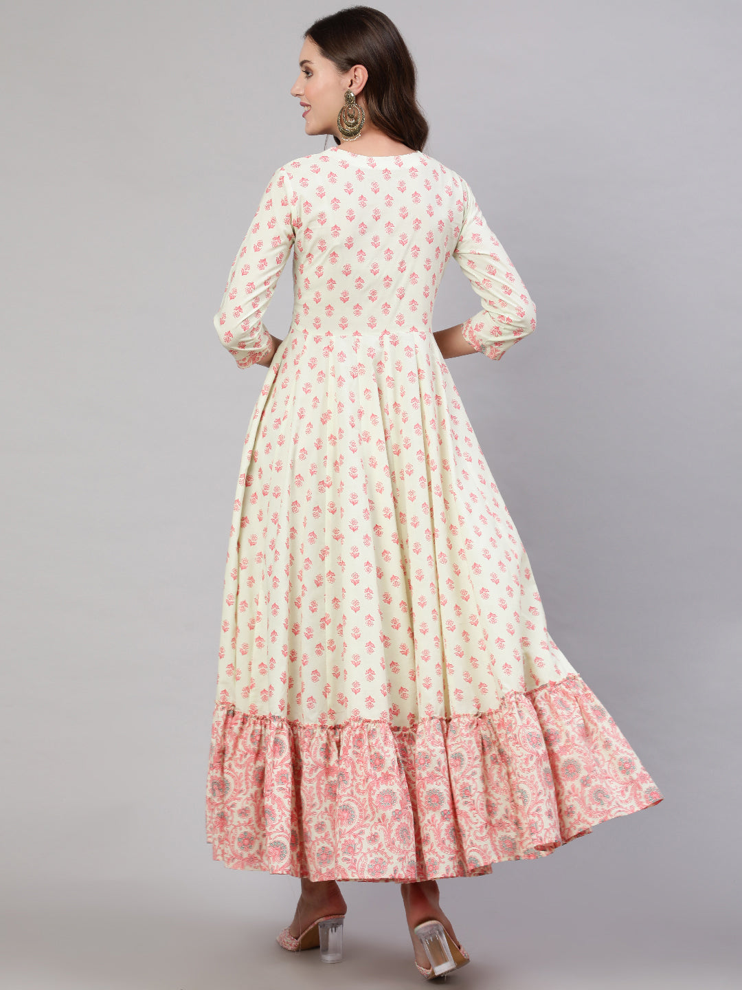Rayon Ankle Length Flared 3/4 Sleeves Printed & Embroidery V Neck Kurta