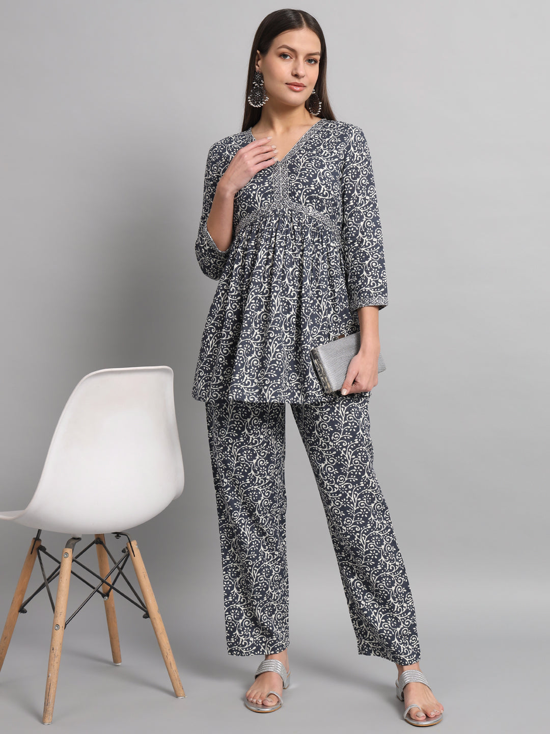 Rayon Embroiderd Flared Straight Fit Cord Set With Trouser