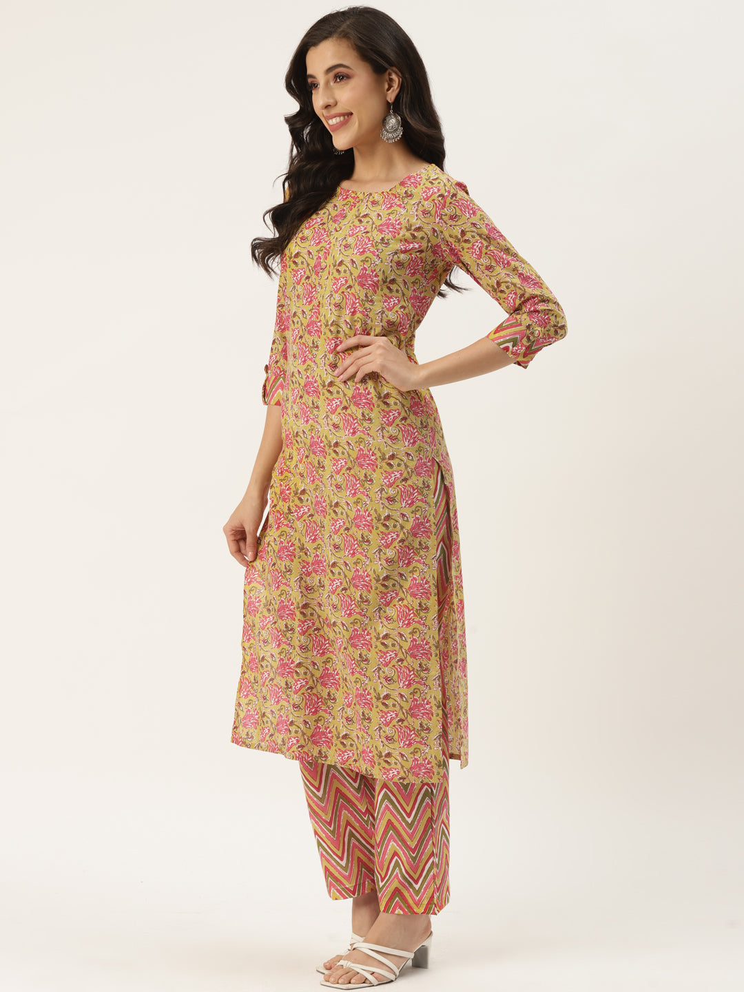 Yellow Cotton Printed Kurta Palazzo & Dupatta Set