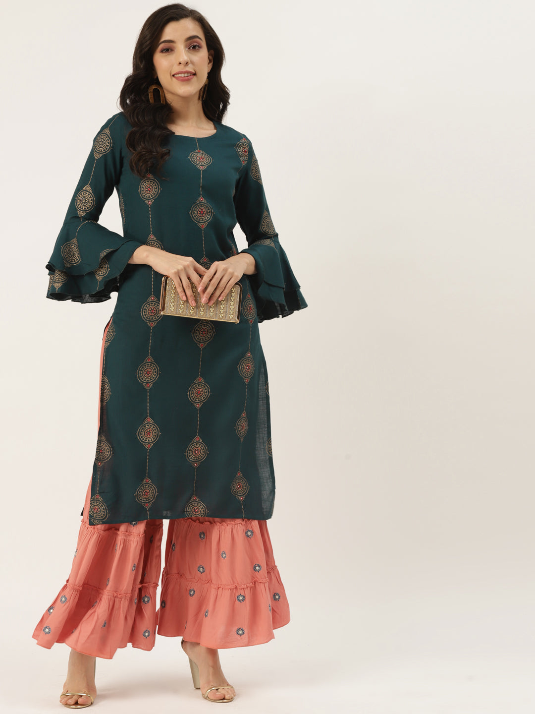 Blue Rayon Printed Kurta Sharara Set