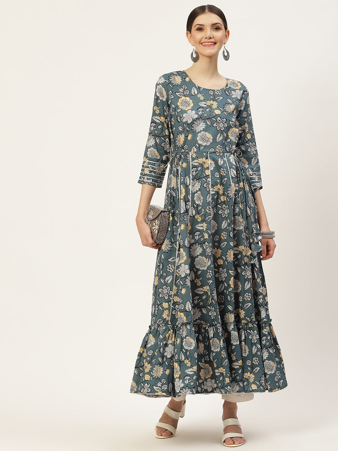 Cotton Printed Anarkali Kurta Grey