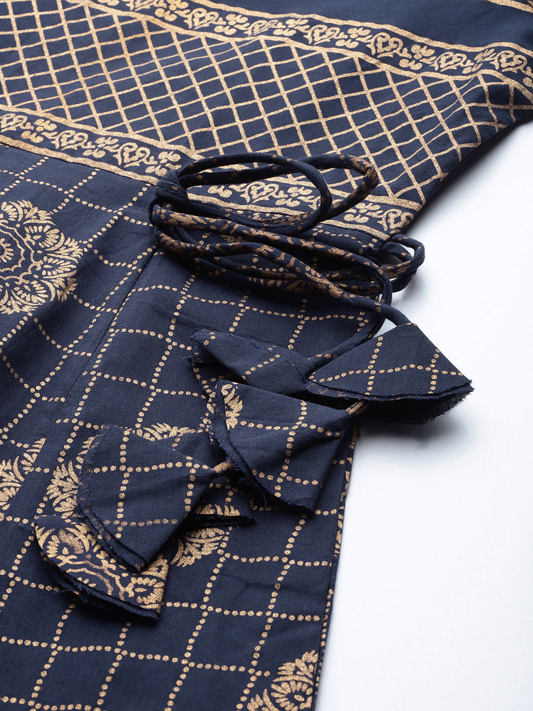 Gold Print Cotton Blend Anarkali Kurta (Blue)