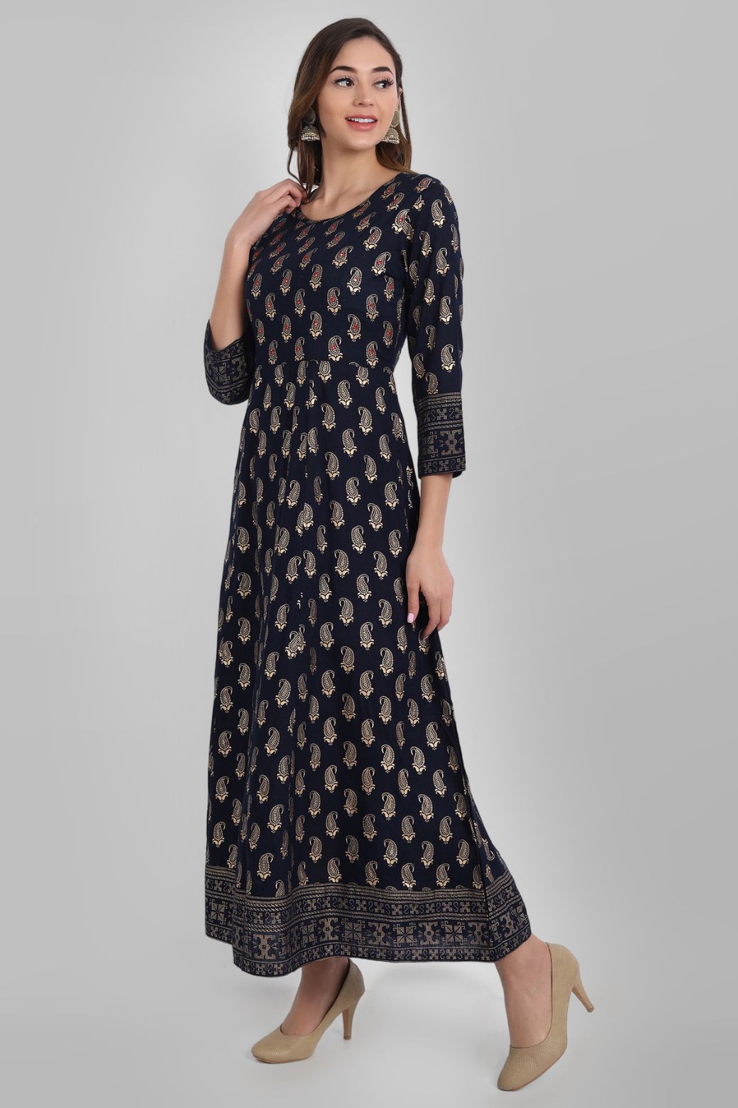 Navy Rayon Printed Flared Dress